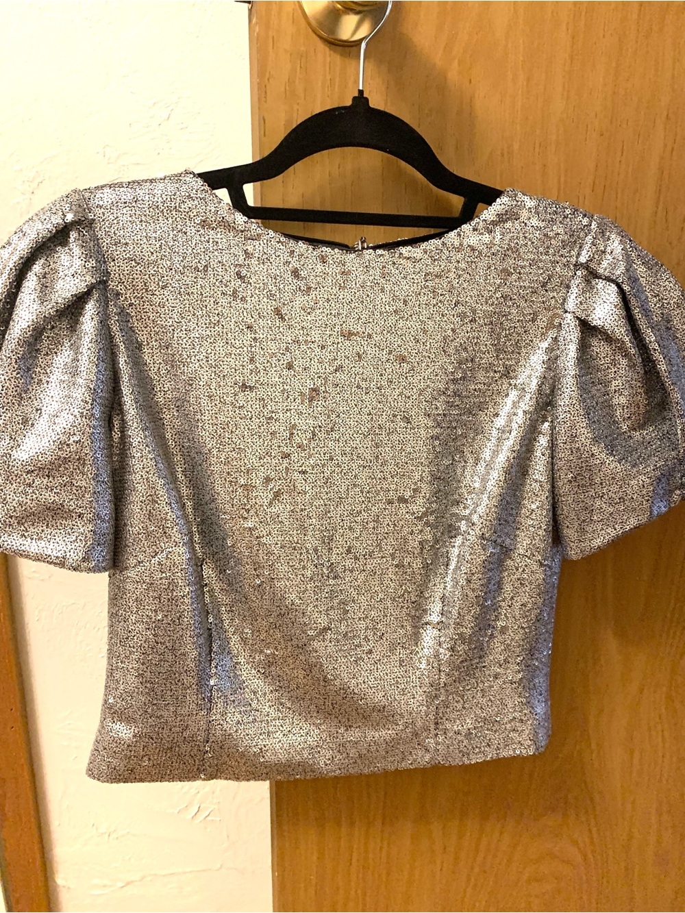 ANTONIO MELANI Silver Sequin Puff Sleeve Crop Top